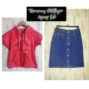 TOMMY HILFIGER 2Pcs.Set Girls Hoodie Shirt and Jeans Skirt